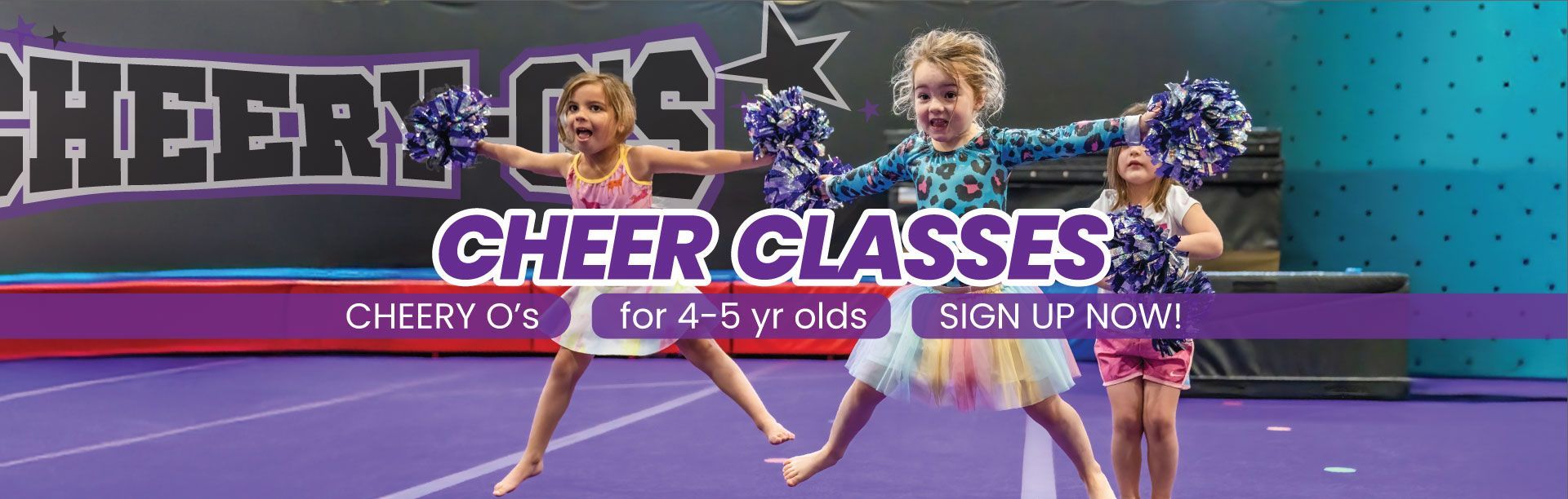 Children jumping and holding blue pom-poms, promoting "CHEER CLASSES" for 4-5 yr olds. Sign-up now!