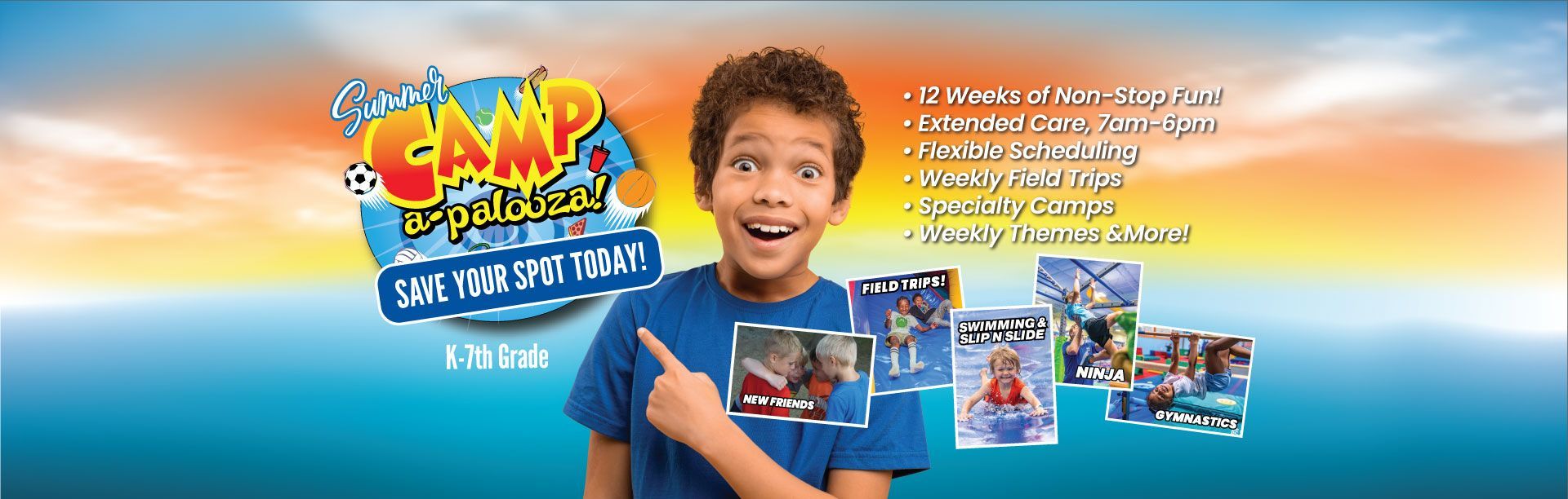 A young boy is pointing at a sign that says save your spot today for Summer Camps