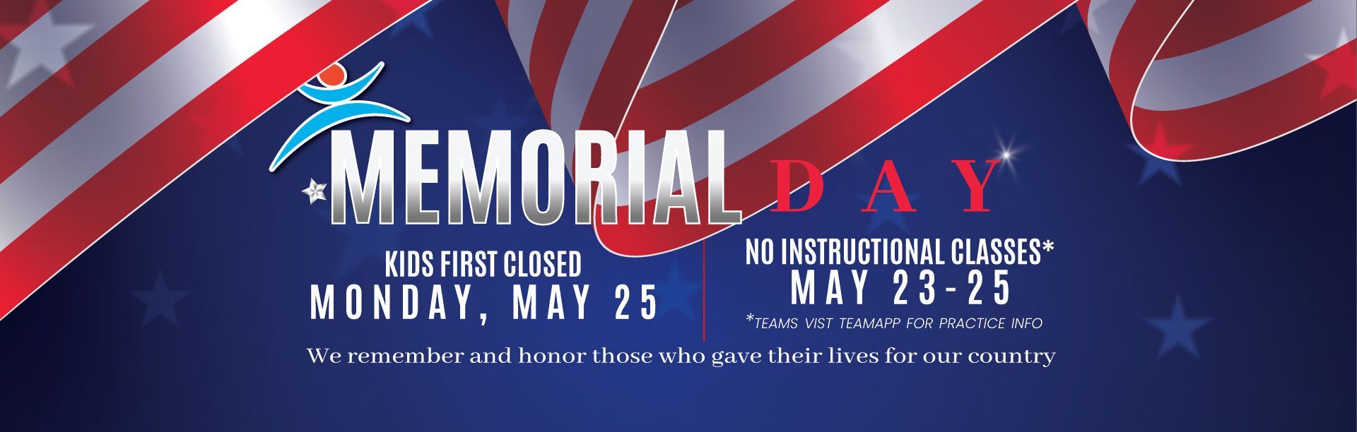 Memorial Day banner with red, white, and blue stars, featuring “Kiss the Boss” and “Holidays” dates.