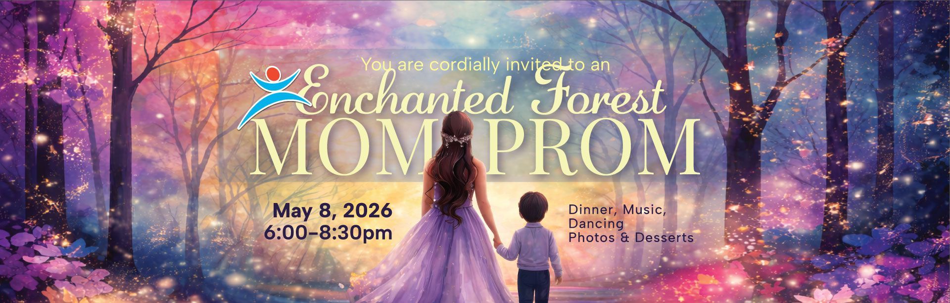 A woman and child hold hands in a glowing, purple-hued enchanted forest for the May 8, 2026 Mom Prom.