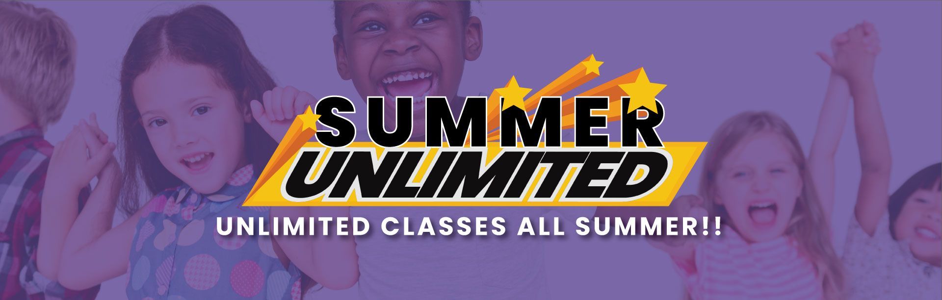 A group of children are standing in front of a sign that says summer unlimited.