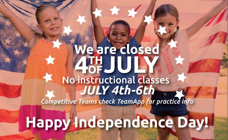 A group of children are holding american flags in a park saying Happy July 4th, Kids First is closed.