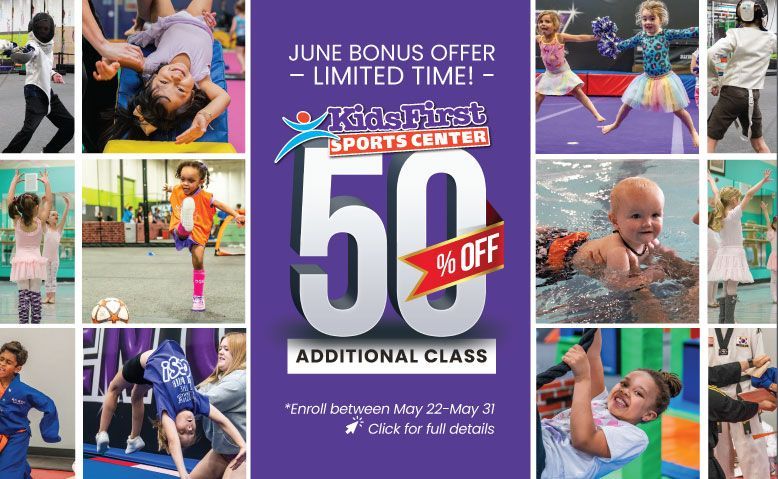 Kids sports center June bonus offer collage: 50% off additional class with active children photos