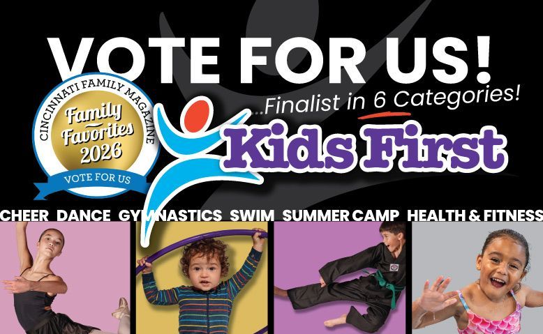 Vote for us poster for Kids First, finalist in 6 categories, with cheering children on a black background.