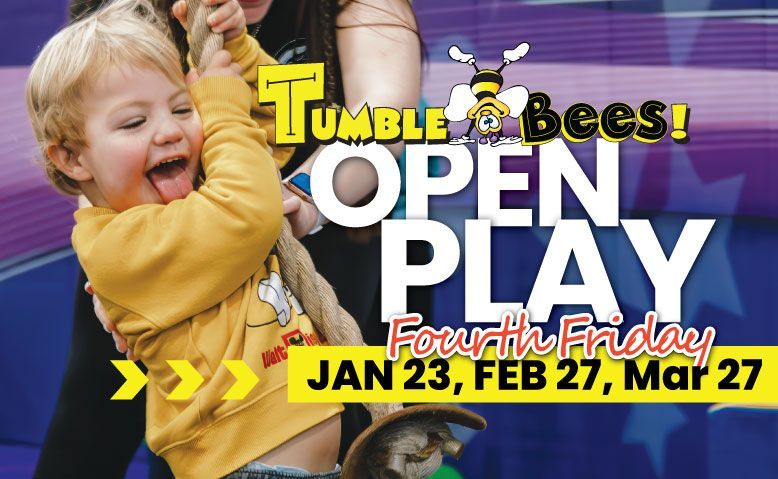 Child climbing rope, mouth open, joyful expression at Tumble Bees! Open Play, Friday, Jan 23.