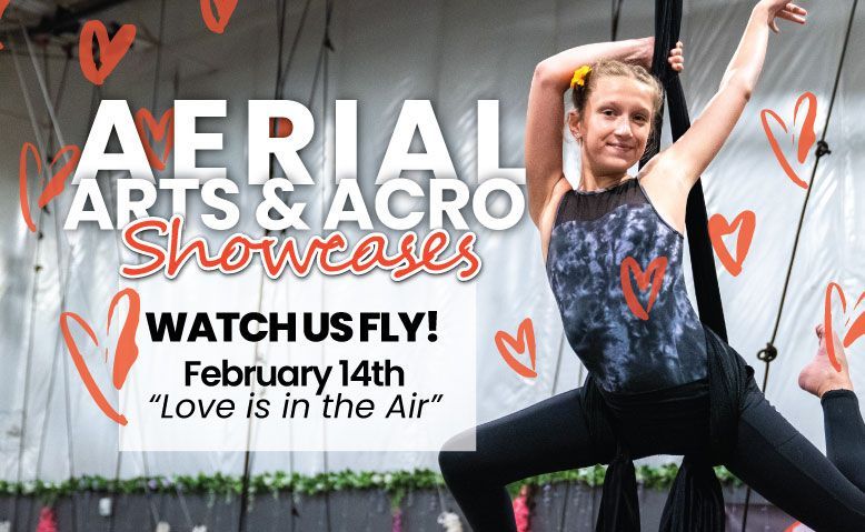 Showcase flyer. Aerialist on fabric with a Valentine's theme, February 14th event.