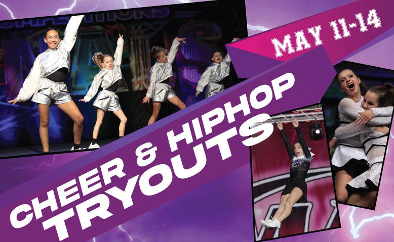 Cheer and hip hop tryouts poster with dancers and “May 11-14” in bold purple text