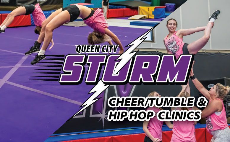 Promotional image for Queen City Storm featuring cheerleaders tumbling and performing stunts in a gym.
