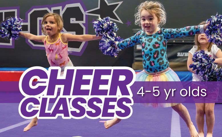Cheer classes for 4-5 year olds. Kids jumping and holding purple pom-poms on a purple mat.