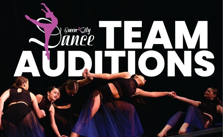 Dance team auditions poster with dancers on stage under bold white text on a dark background