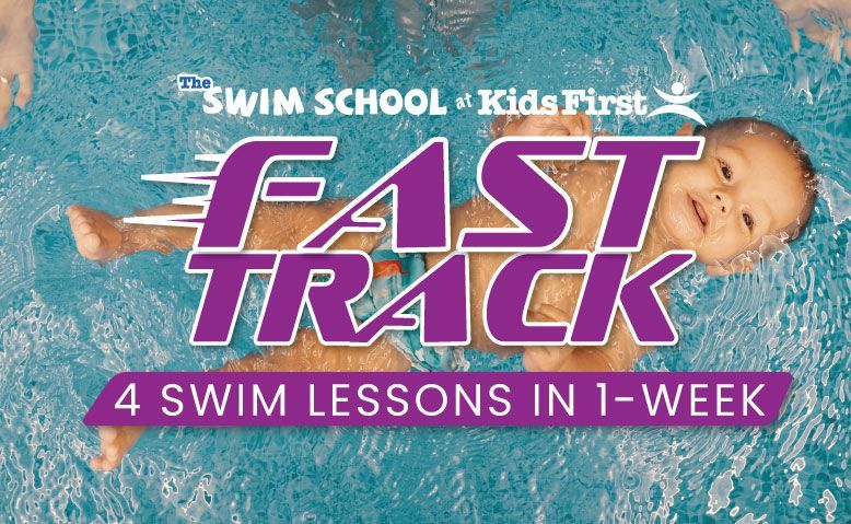 A baby is swimming in a pool with the words fast track 4 swim lessons in 1 week