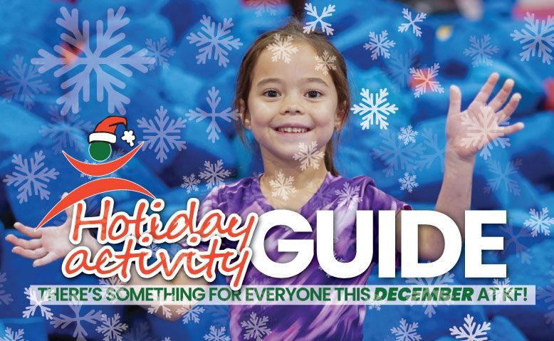 Girl in a gym surrounded by blue foam blocks. Holiday activity guide, snowflakes, and logo are present.
