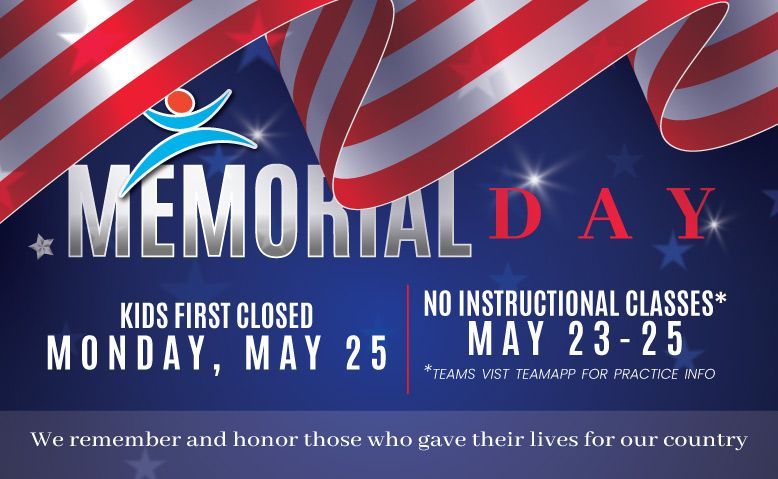 Memorial Day school closure notice with American flag background, May 25, no instruction classes May 23–25.