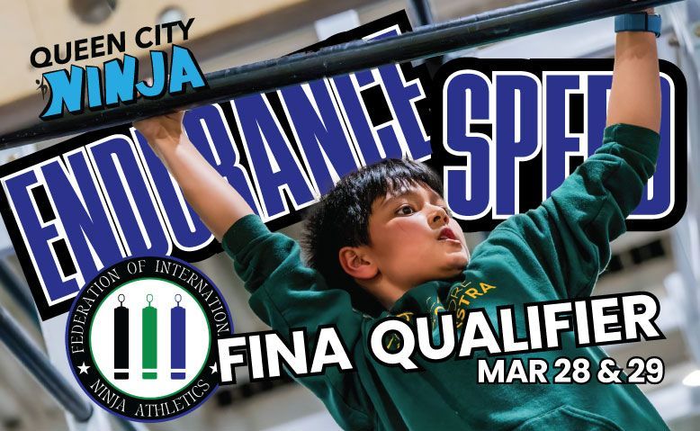 Young person hanging on a bar, event poster for Queen City Ninja FINA Qualifier, March 28 & 29.