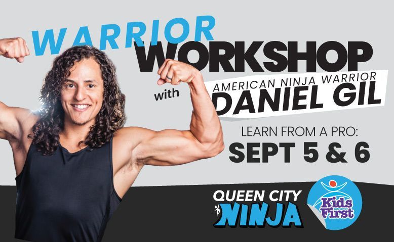 Warrior workshop promo with Daniel Gil, Sept 5–6, Queen City Ninja Kids Camp logo