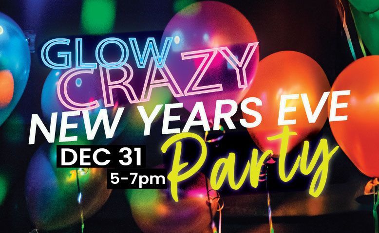 New Year's Eve Glow Party 2026! Green and yellow text on a colorful background with a person silhouette.