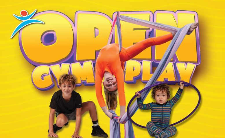 Bright yellow “OPEN GYM PLAY” sign with three children posing in front
