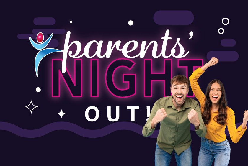 Parents' Night Out event ad. Excited couple below large