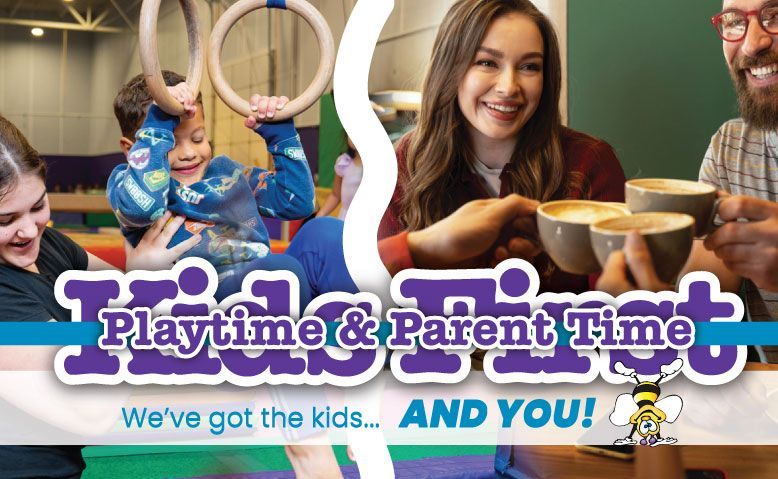 A logo for open play with a bee and honeycombs