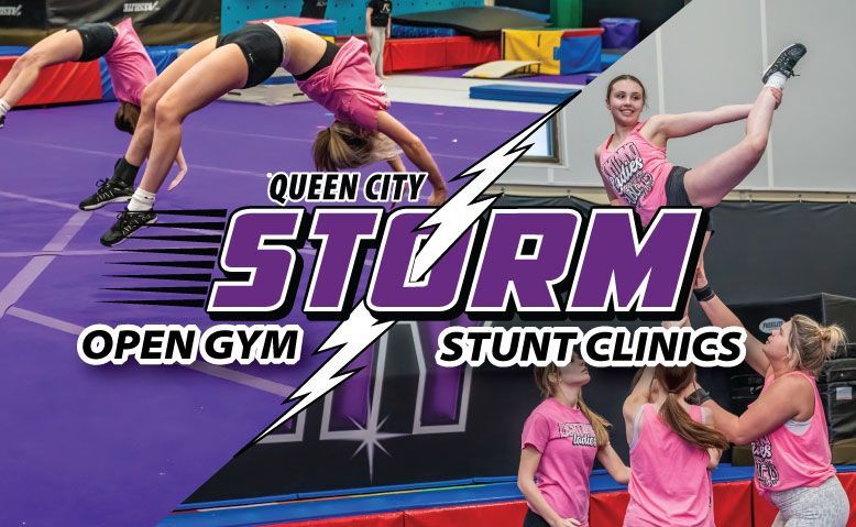 Cheerleaders in pink and black practicing stunts at Queen City Storm gym, including backbends and lifts. Purple and black background.