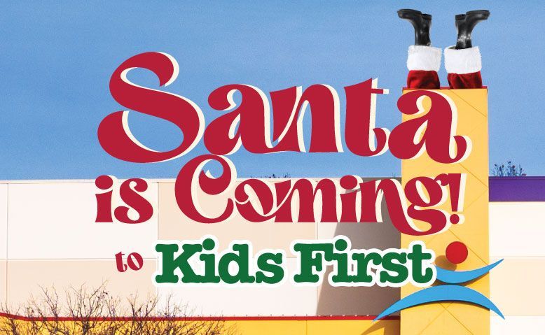 Santa stuck in a chimney above a Kids First sign, red and green text.