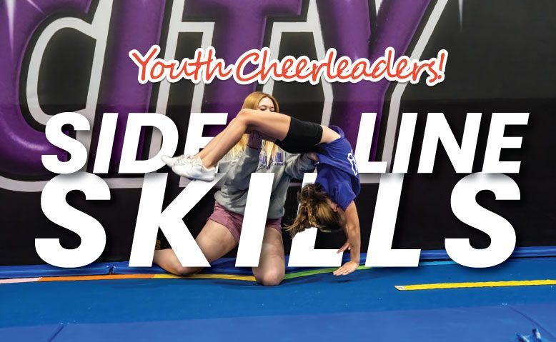 Youth cheerleader doing a bridge, assisted by a coach. Indoors, blue mat, white text overlay.