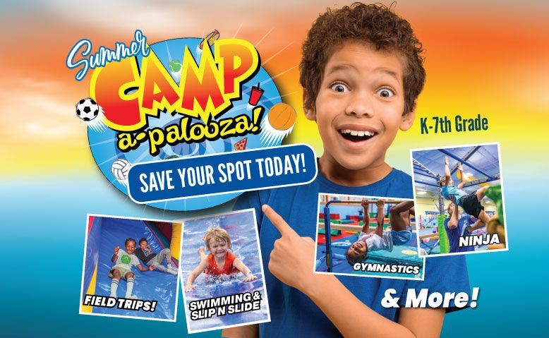 Boy pointing at summer camp flyer with activities: field trips, swimming, gymnastics, ninja.