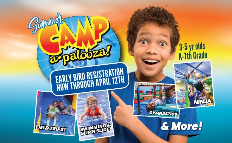 Boy pointing at summer camp flyer with activities: field trips, swimming, ninja, gymnastics. Registration starts Feb 1.