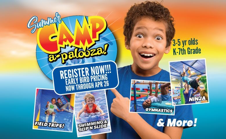 Boy pointing at summer camp flyer with activities: field trips, swimming, ninja, gymnastics. Register Now!