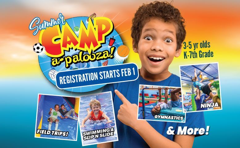 Boy pointing at summer camp flyer with activities: field trips, swimming, ninja, gymnastics. Registration starts Feb 1.