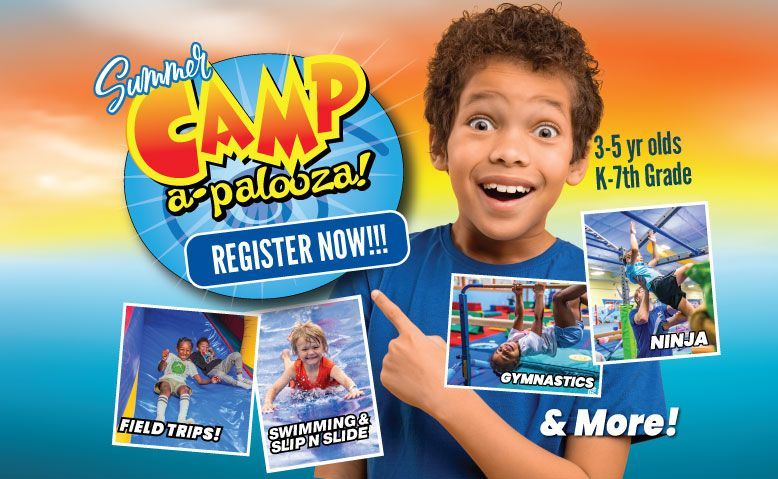 Boy pointing at summer camp flyer with activities: field trips, swimming, ninja, gymnastics. Registration starts Feb 1.