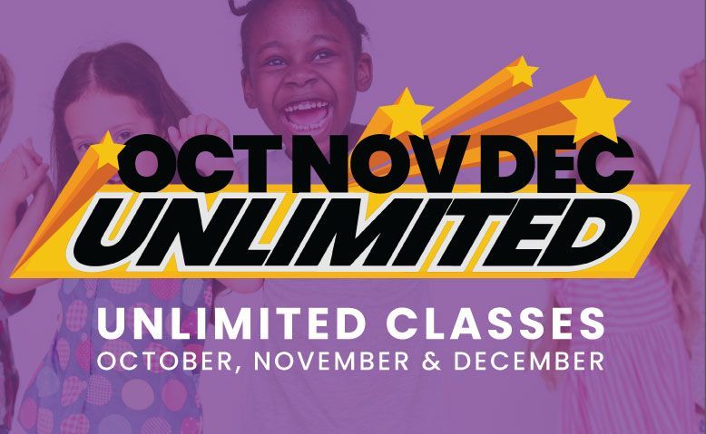 Children smiling, promotion for unlimited classes Oct-Dec, in front of a yellow text banner on a purple background.