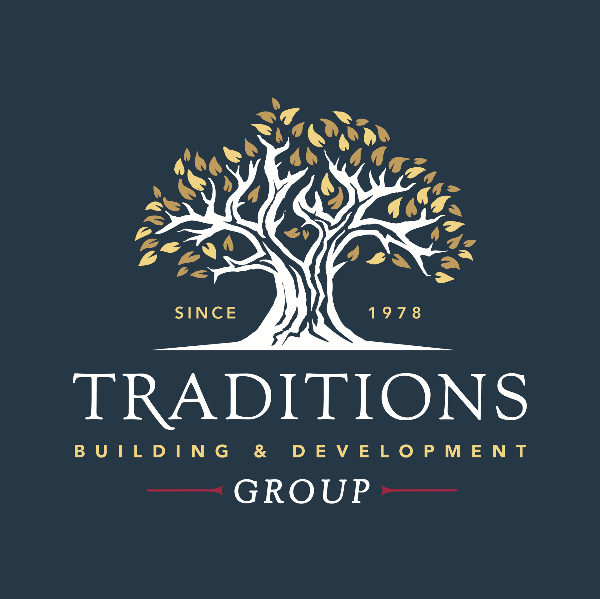 Logo of Traditions Building & Development Group: an oak tree in gold and white above text on a navy background.
