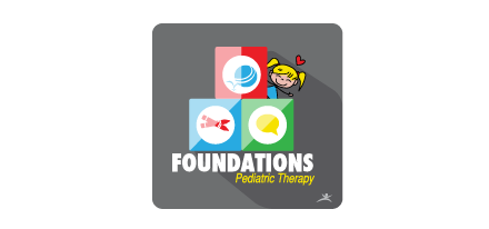 Logo for Foundations Pediatric Therapy: blocks with icons, girl, text on gray background.