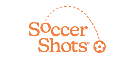 Soccer Shots logo. Orange text and dotted line with soccer ball icon.