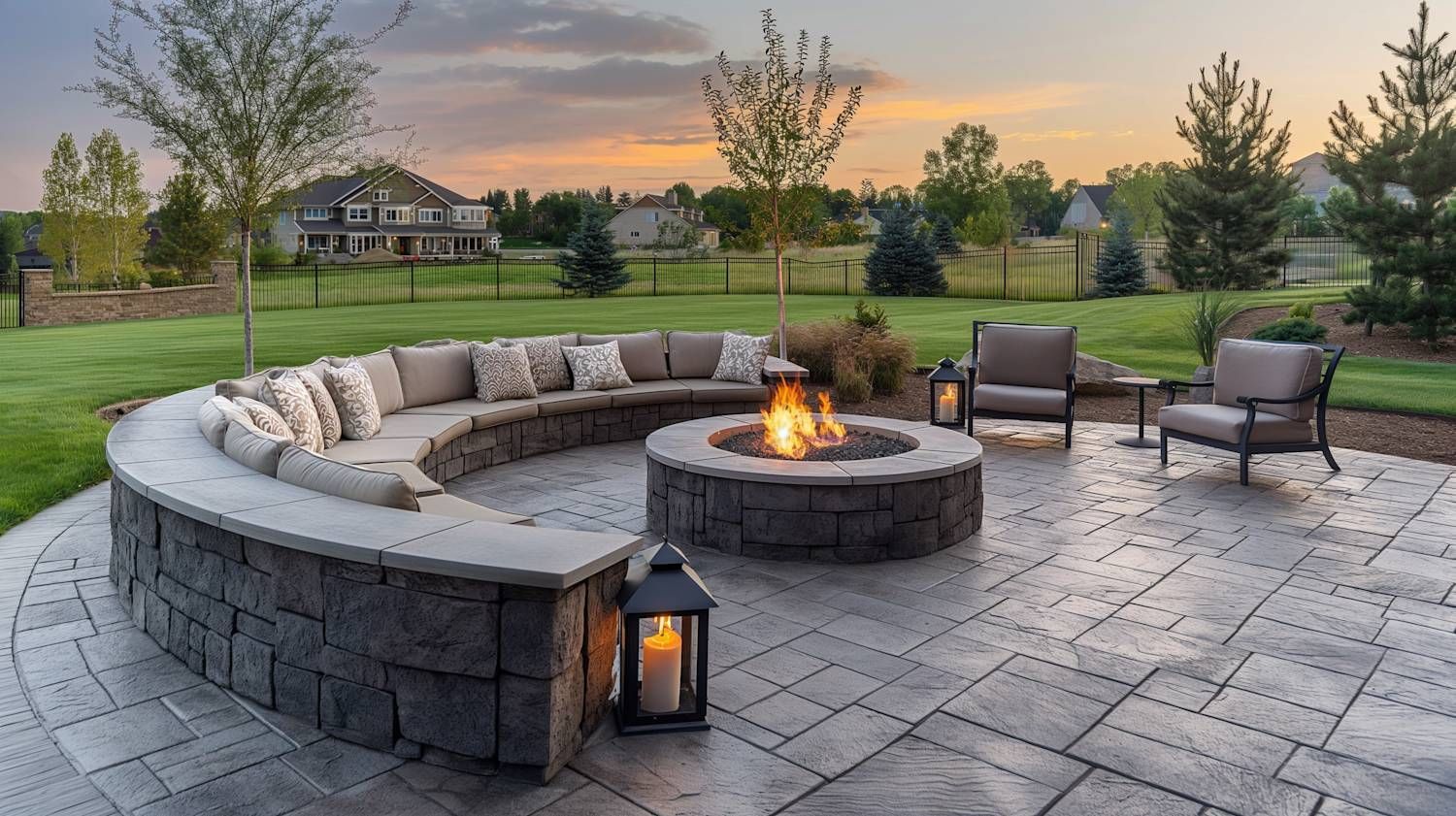 Stamped concrete patio and fire pit in Hudson