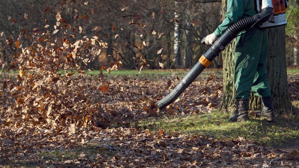 Blowing leaves at a residential property in Twinsburg, Ohio