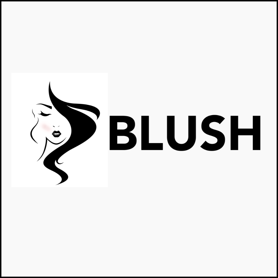 A black and white logo of a woman with long hair and the word blush.