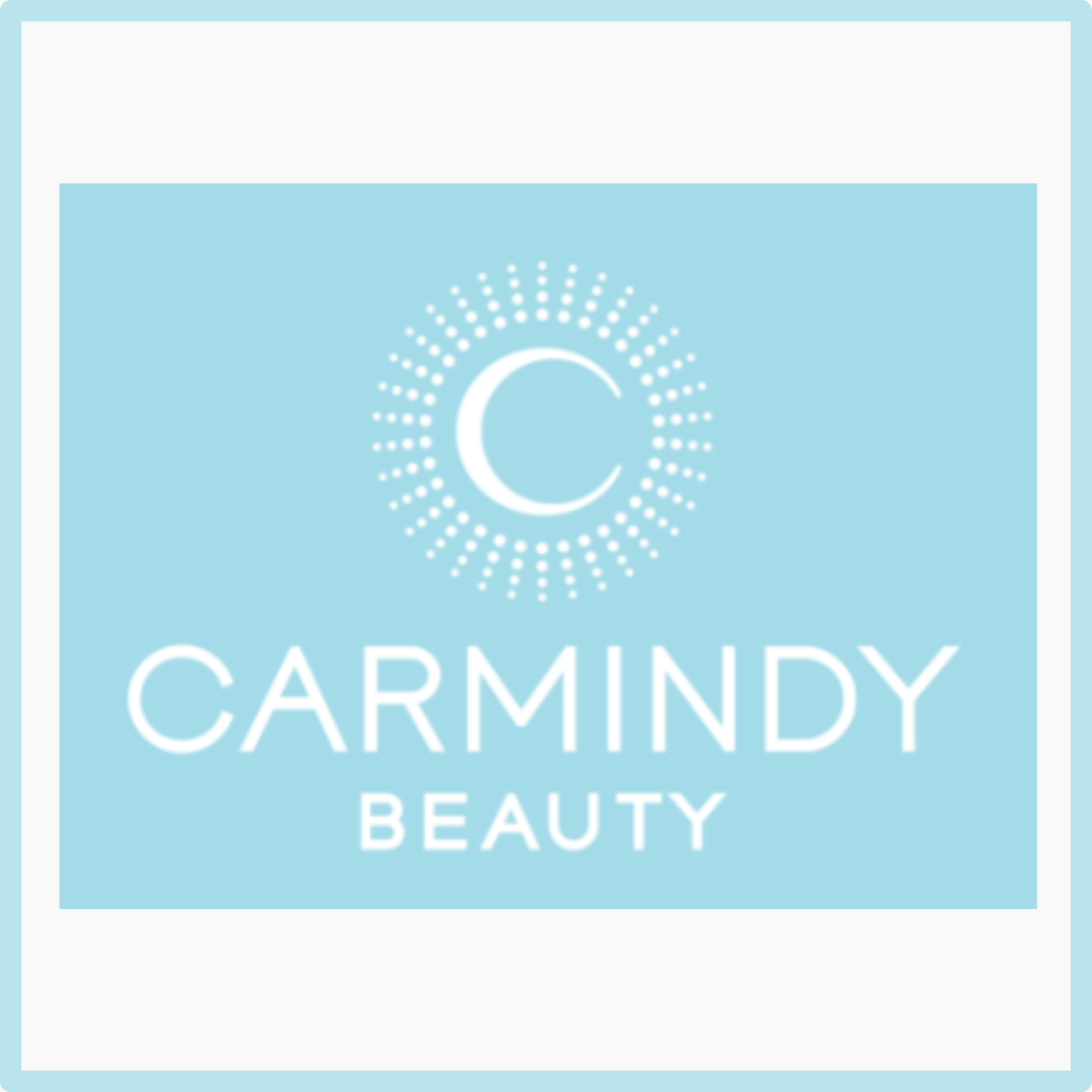 A blue and white logo for carmindy beauty