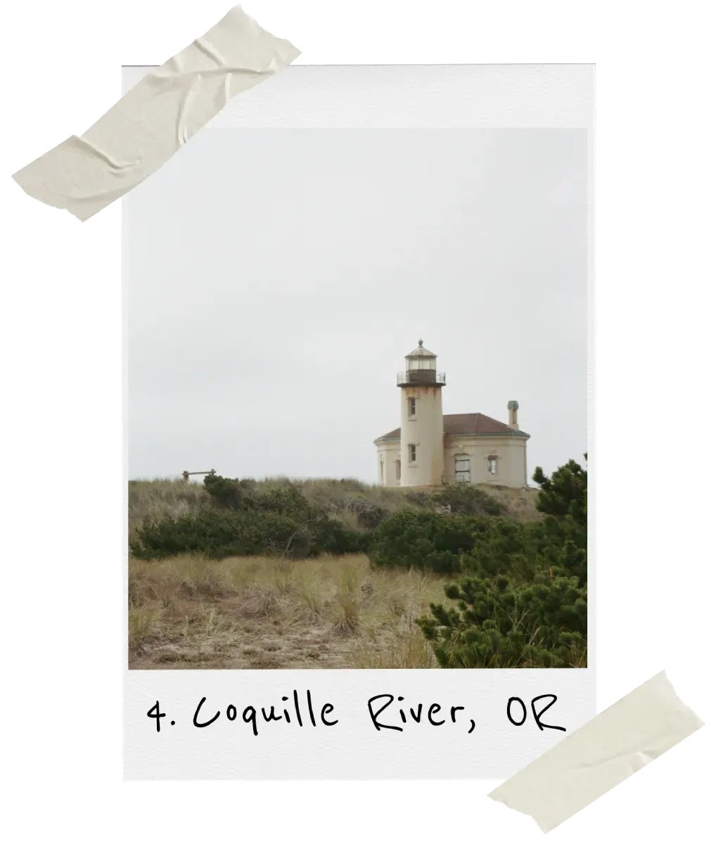 A polaroid-style photo of the Coquille River Lighthouse in Oregon, set against a grassy dune and overcast sky.