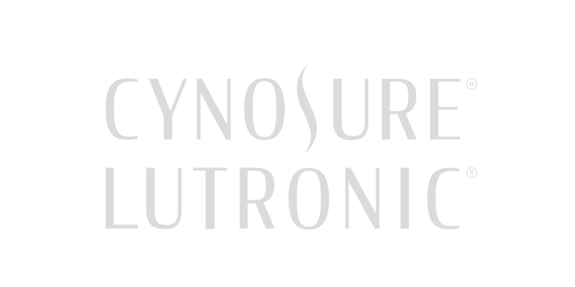 A white logo for cynosure lutronic on a white background.