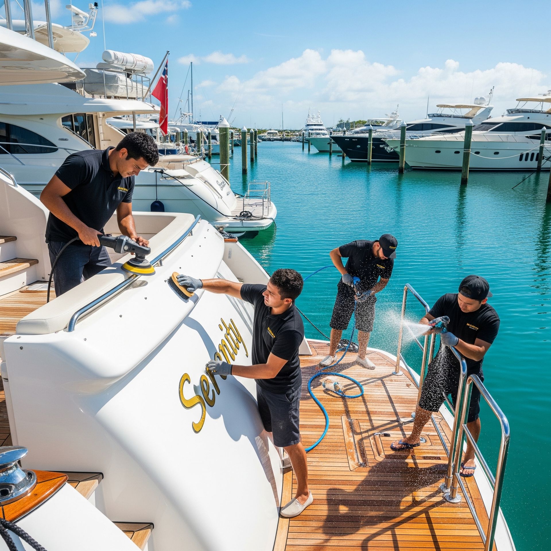 A team of professional detailers polishing and cleaning a luxury yacht at a marina.