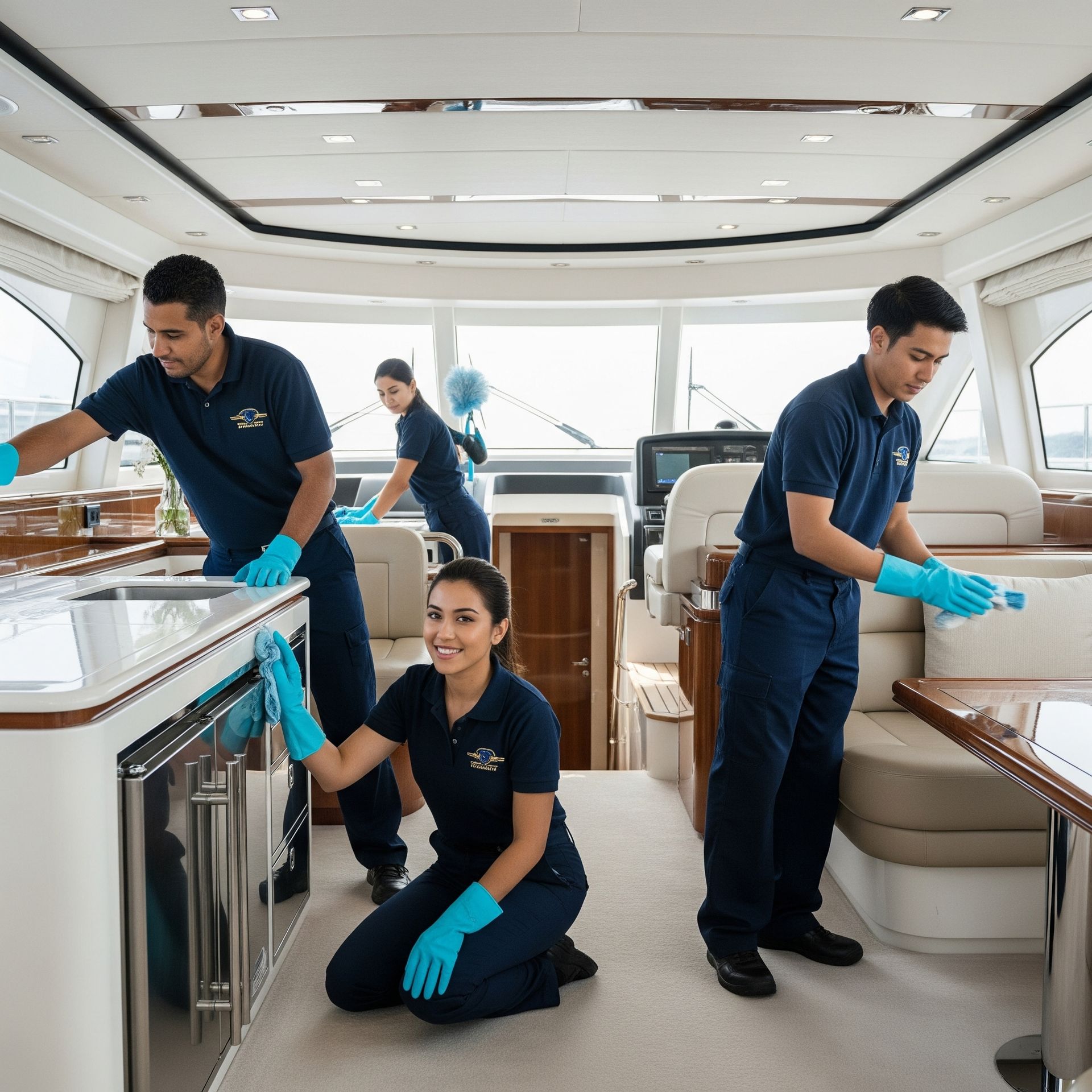A group of people are cleaning a boat with blue gloves
