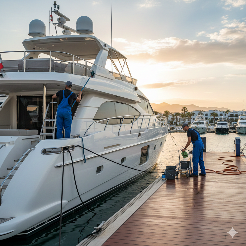 Maintenance crew washing and polishing a large yacht docked at a marina.