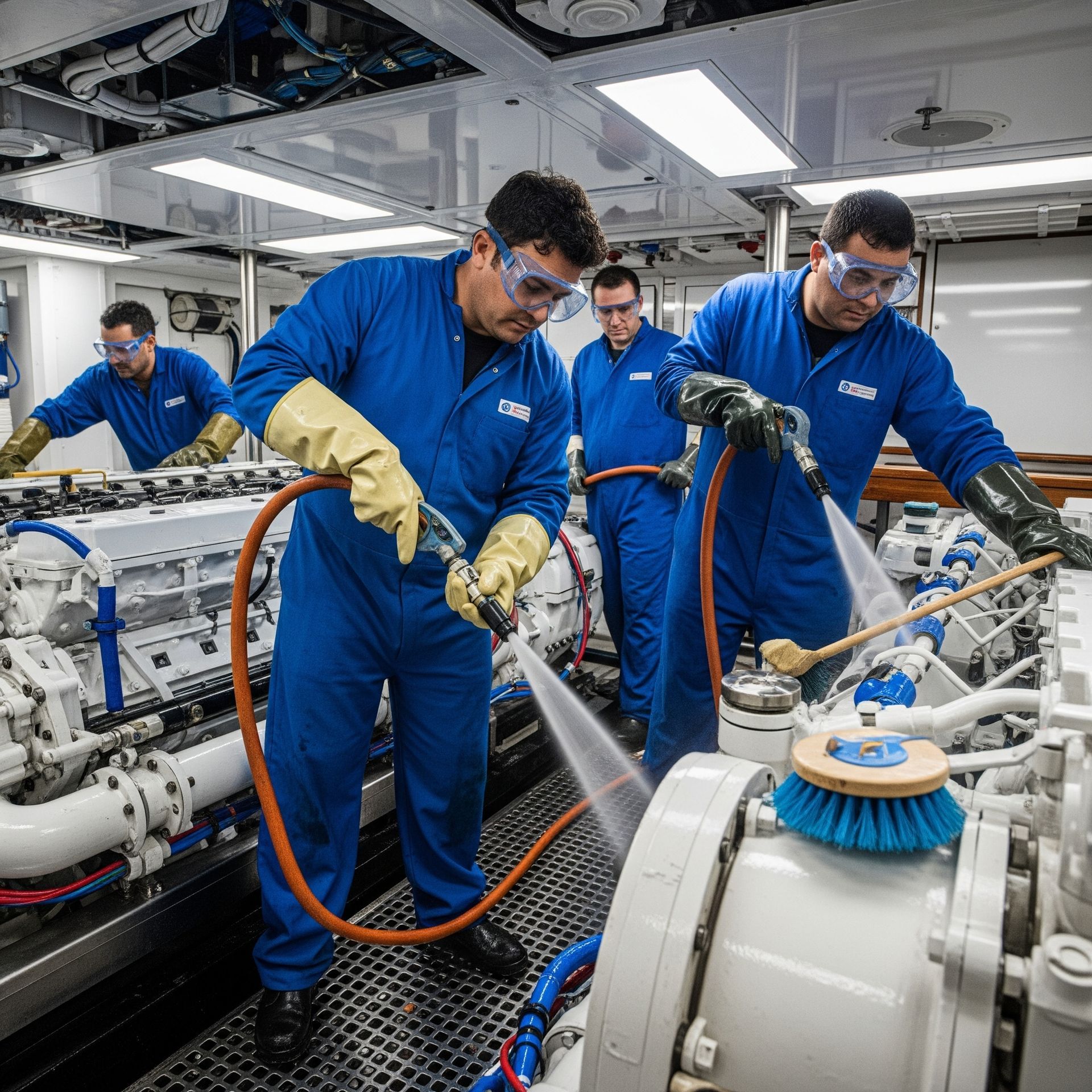 A group of men in blue overalls are working on a machine