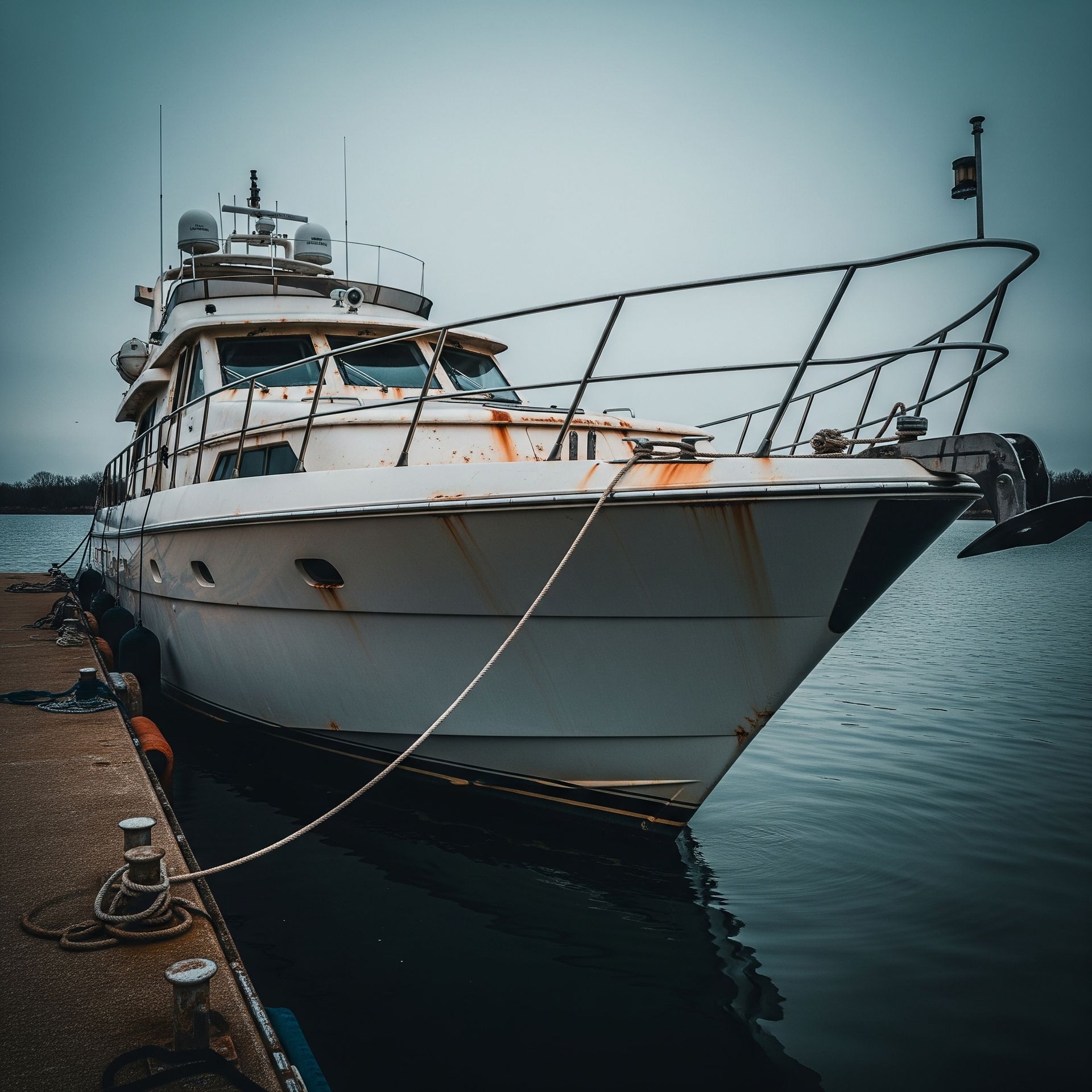 A large white boat is docked at a dock