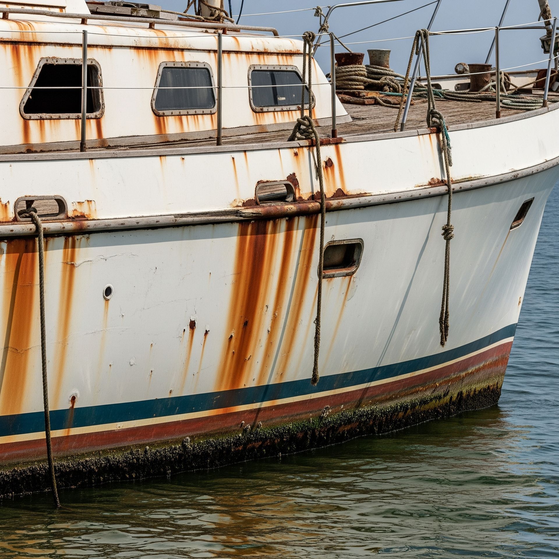 An image of a white yacht with rust streaks and peeling paint, floating in the water.