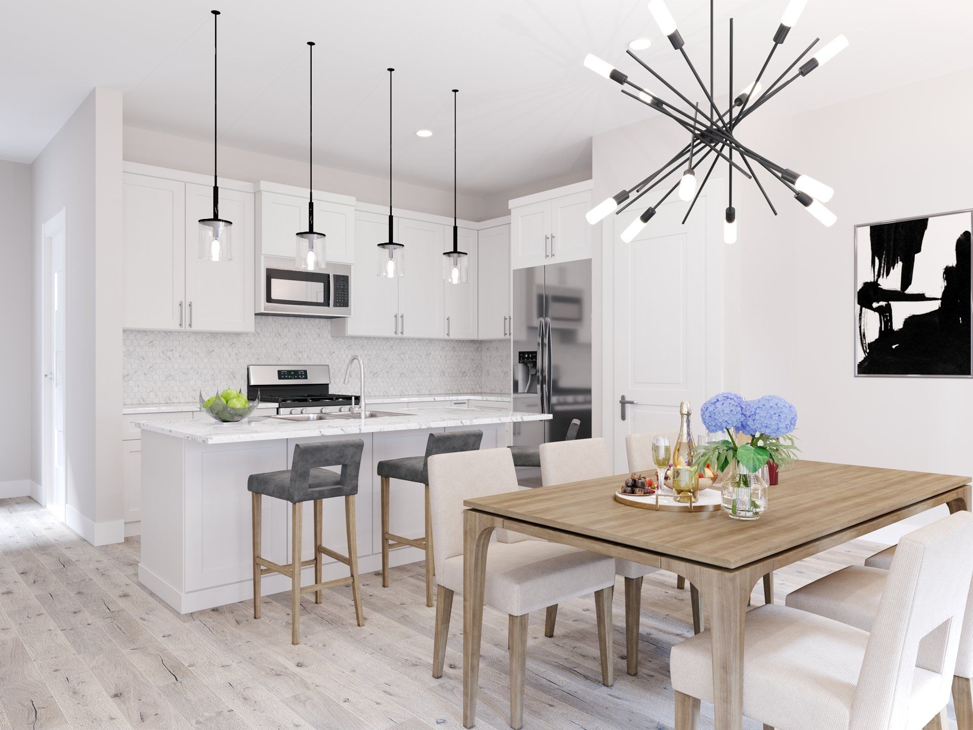 Contemporary living and dining area with abstract pendant lights and open layout.