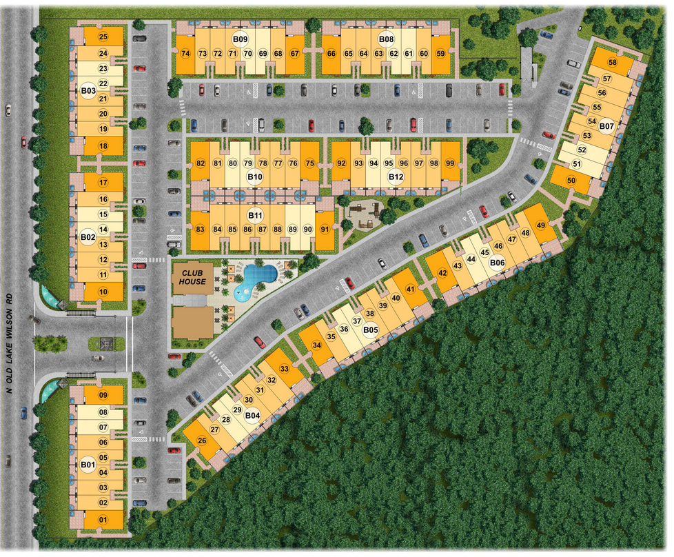 Aerial map of Summerville Resort community layout with buildings, pool area, and amenities.