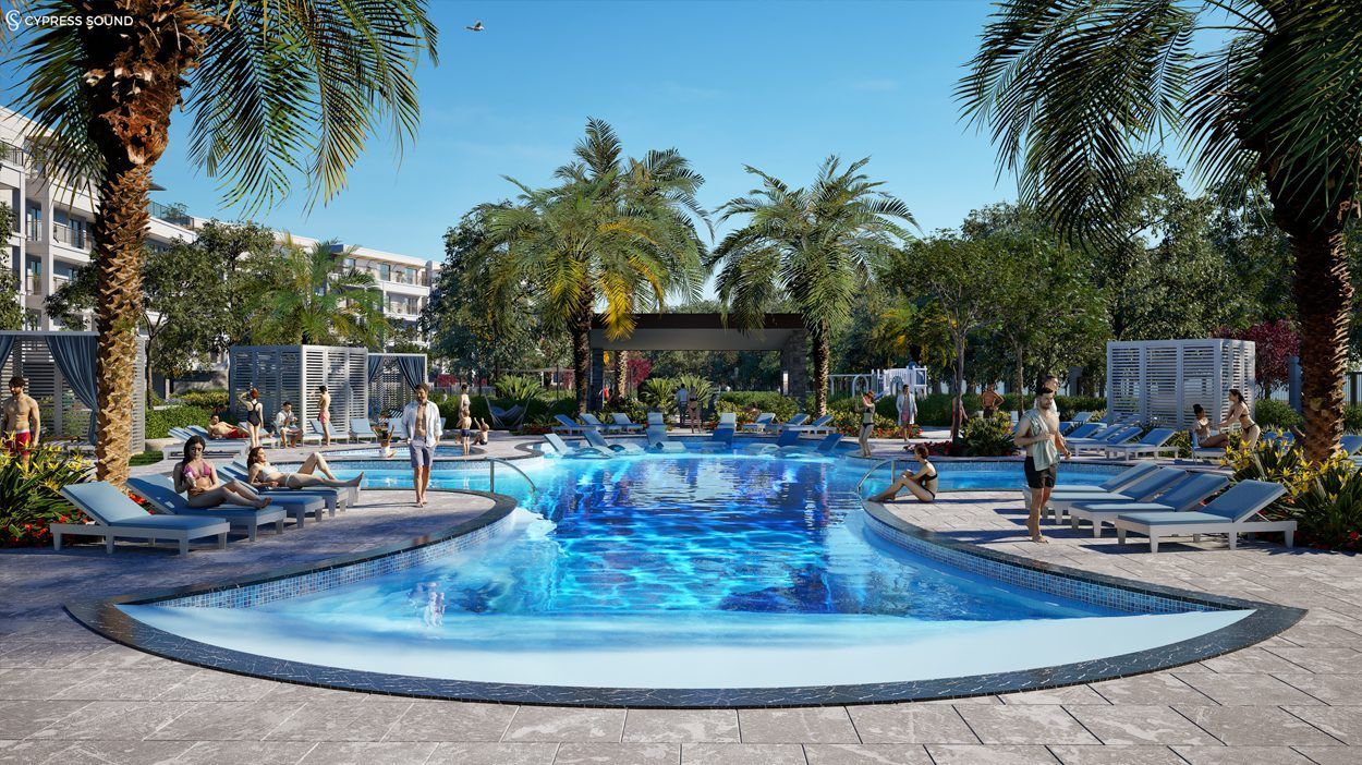 Cypress Sound resort-style pool with palm trees, sun loungers, and courtyard amenities in Orlando.
